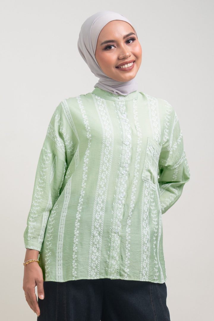 Cassie Embossed Cotton Fusion Blouse Soft Green