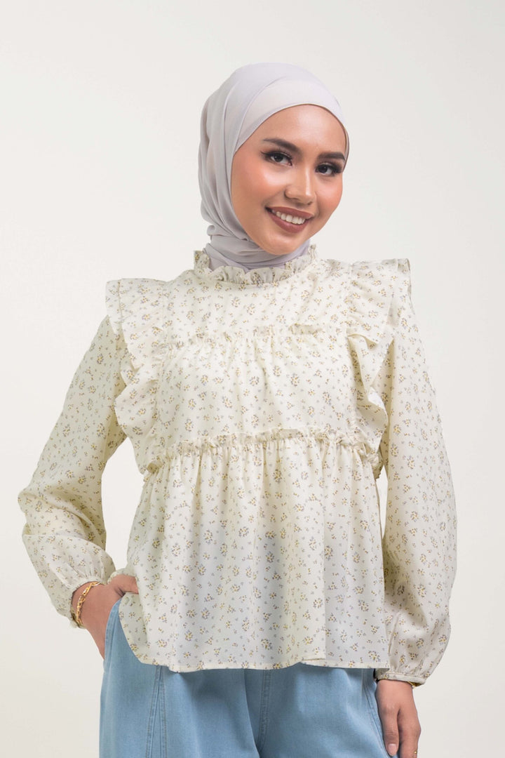 Uzmaa Ruffled Floral Blouse Cream