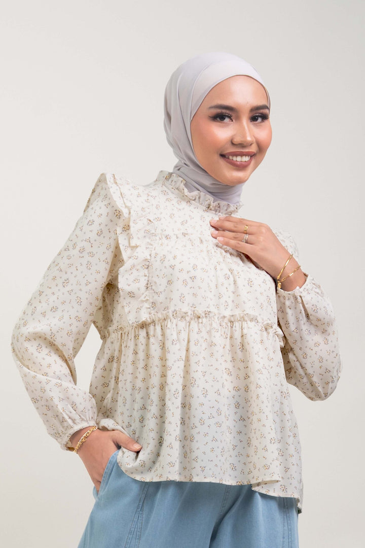 Uzmaa Ruffled Floral Blouse Cream