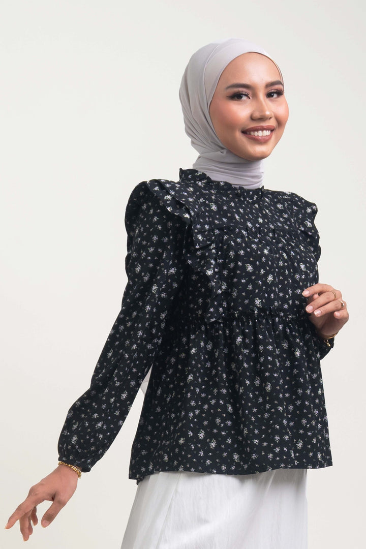 Uzmaa Ruffled Floral Blouse Black