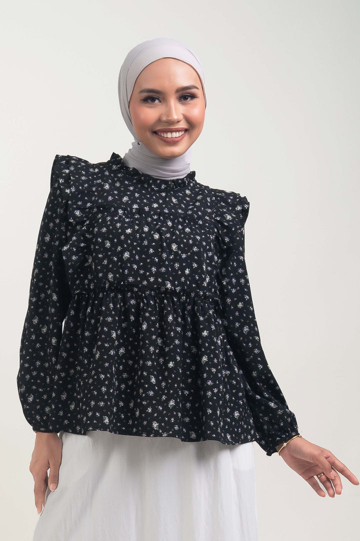 Uzmaa Ruffled Floral Blouse Black