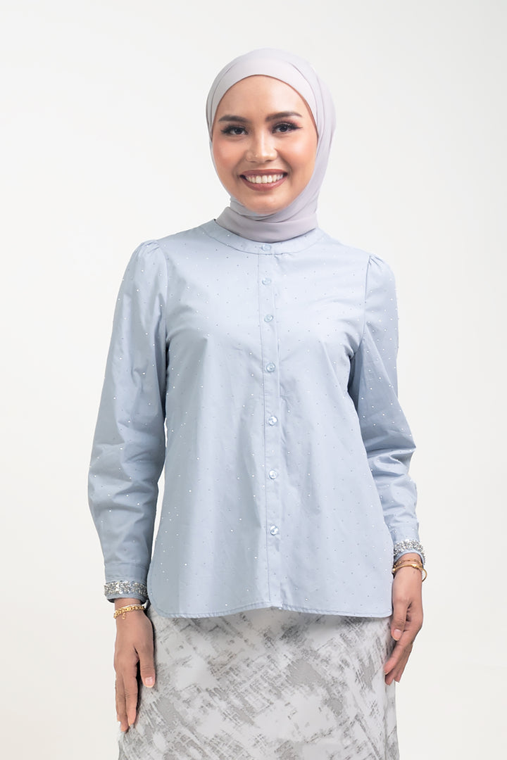 Shayla Crystal Cotton Blouse Blue