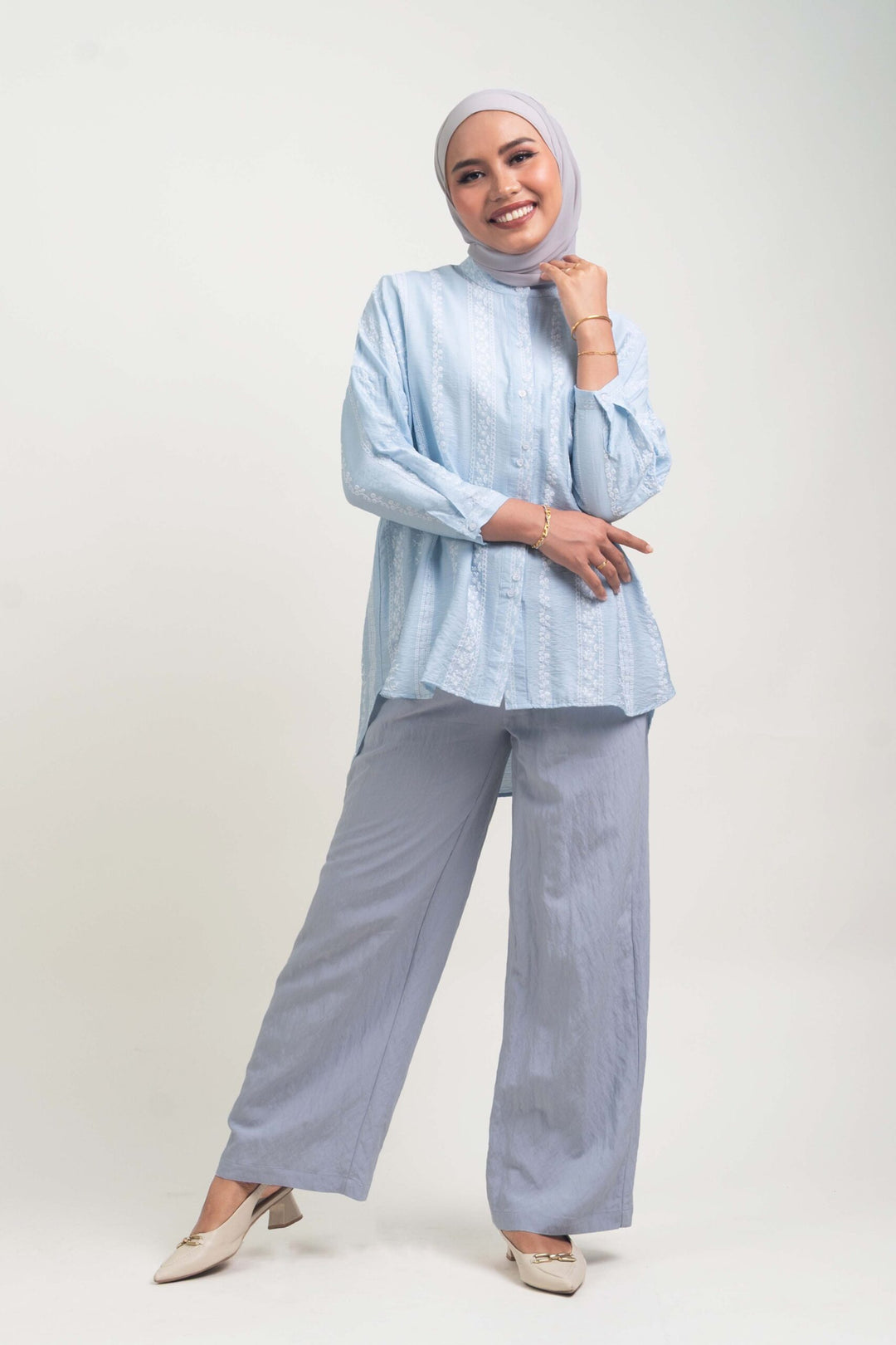 Cassie Embossed Cotton Fusion Blouse Soft Blue