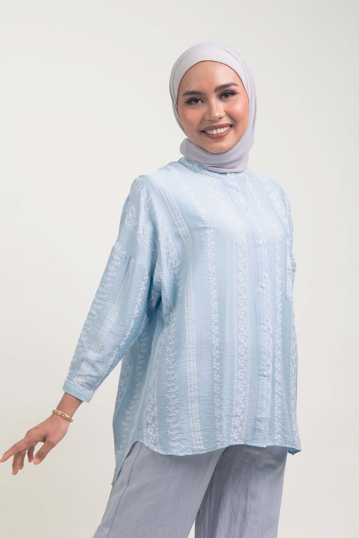 Cassie Embossed Cotton Fusion Blouse Soft Blue