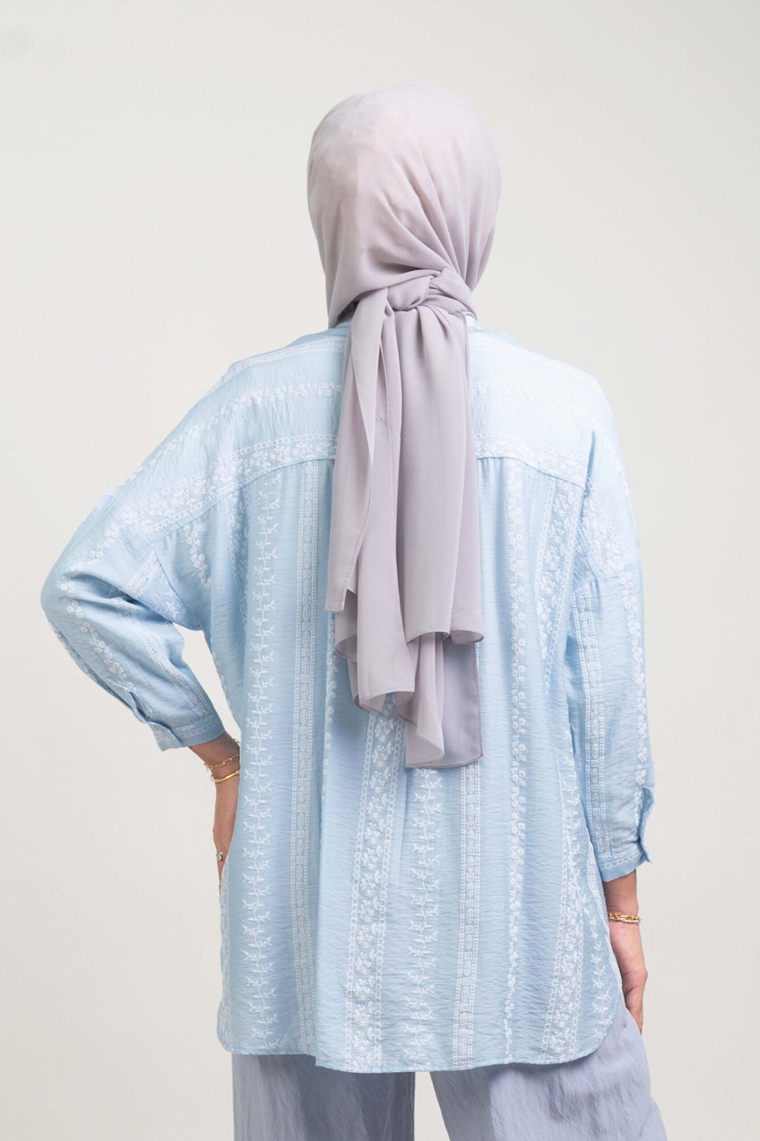 Cassie Embossed Cotton Fusion Blouse Soft Blue