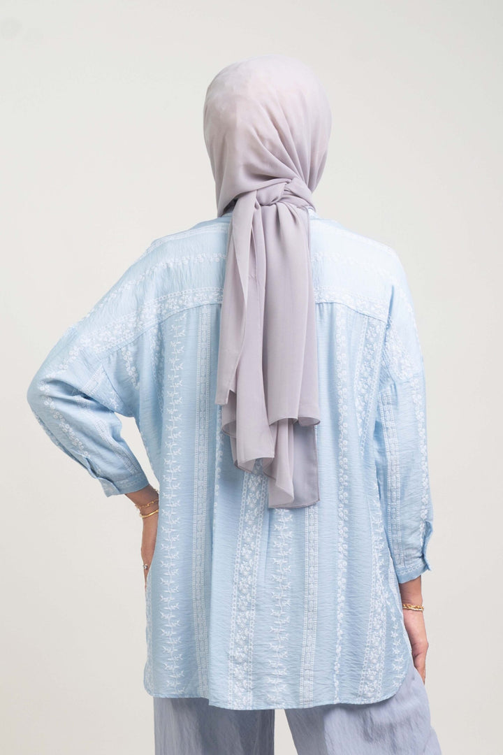 Cassie Embossed Cotton Fusion Blouse Soft Blue