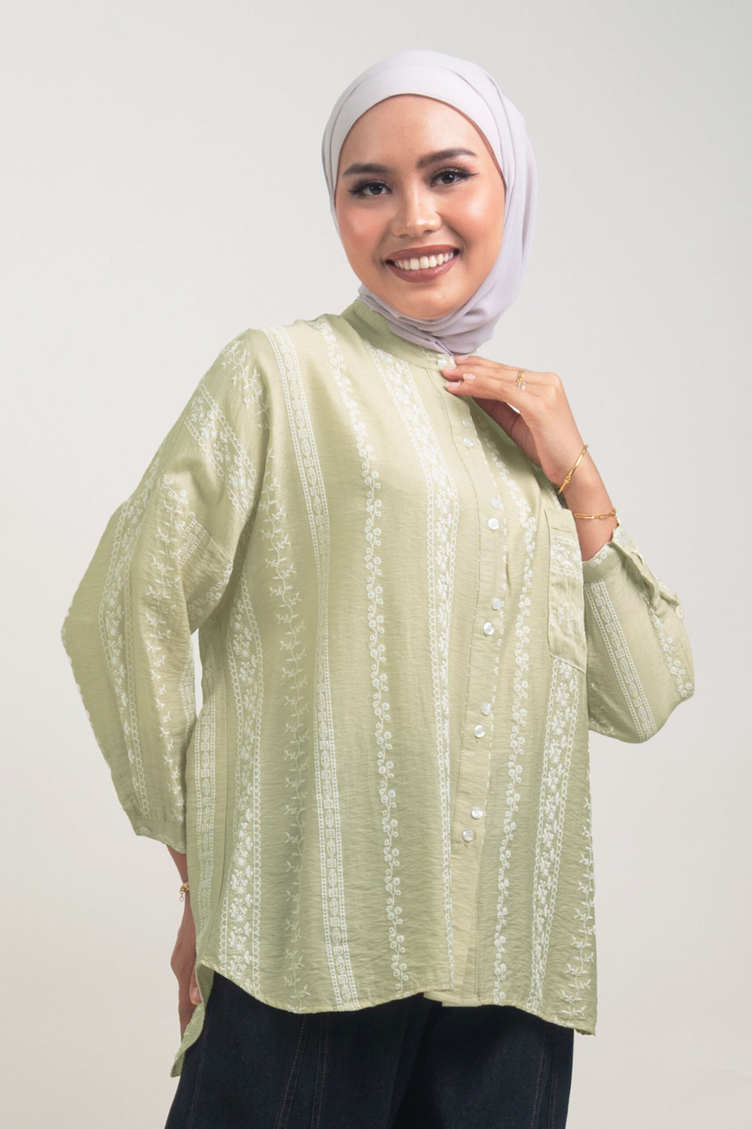 Cassie Embossed Cotton Fusion Blouse Beige