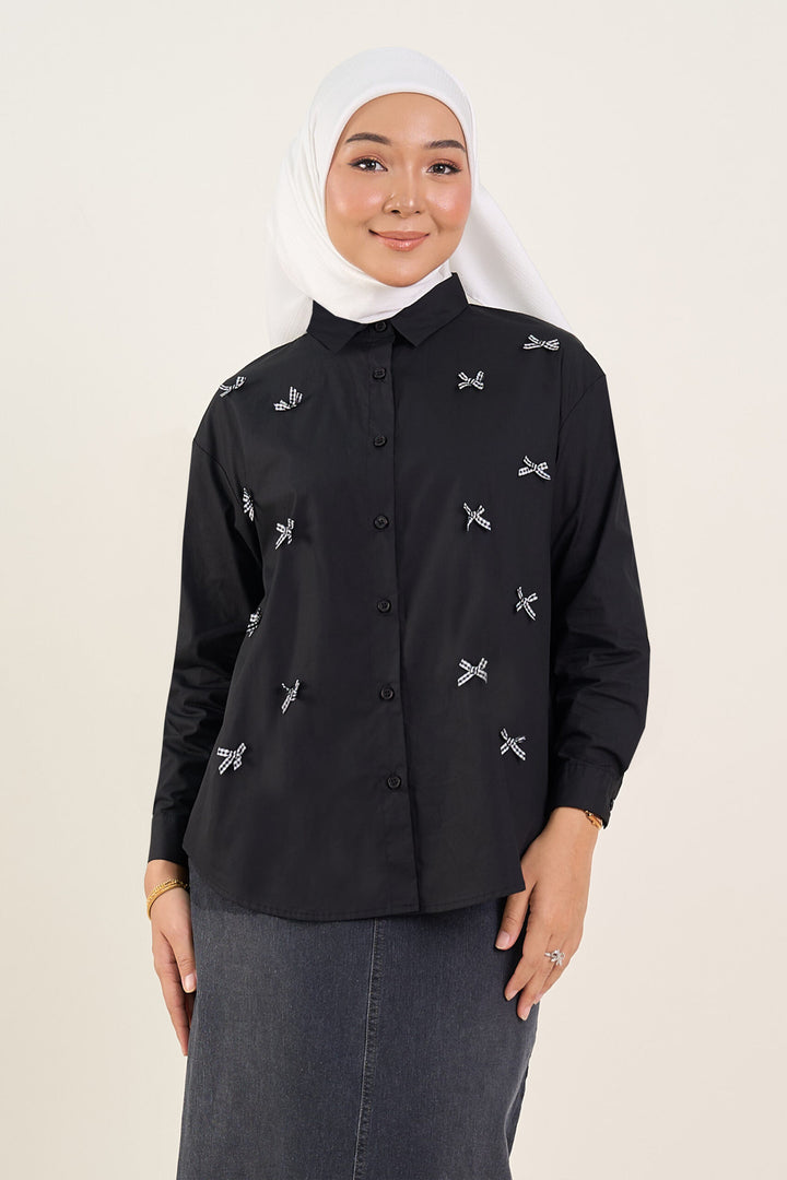 Lola Bow Embellished Cotton Shirt Black