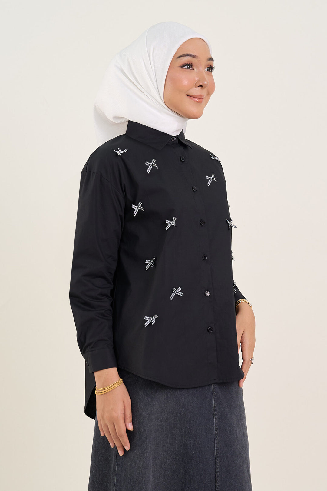 Lola Bow Embellished Cotton Shirt Black