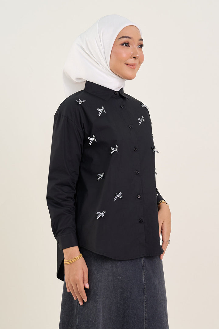 Lola Bow Embellished Cotton Shirt Black