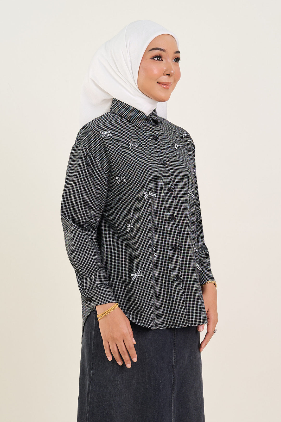 Natalie Checker Print Bow Embellished Shirt Black
