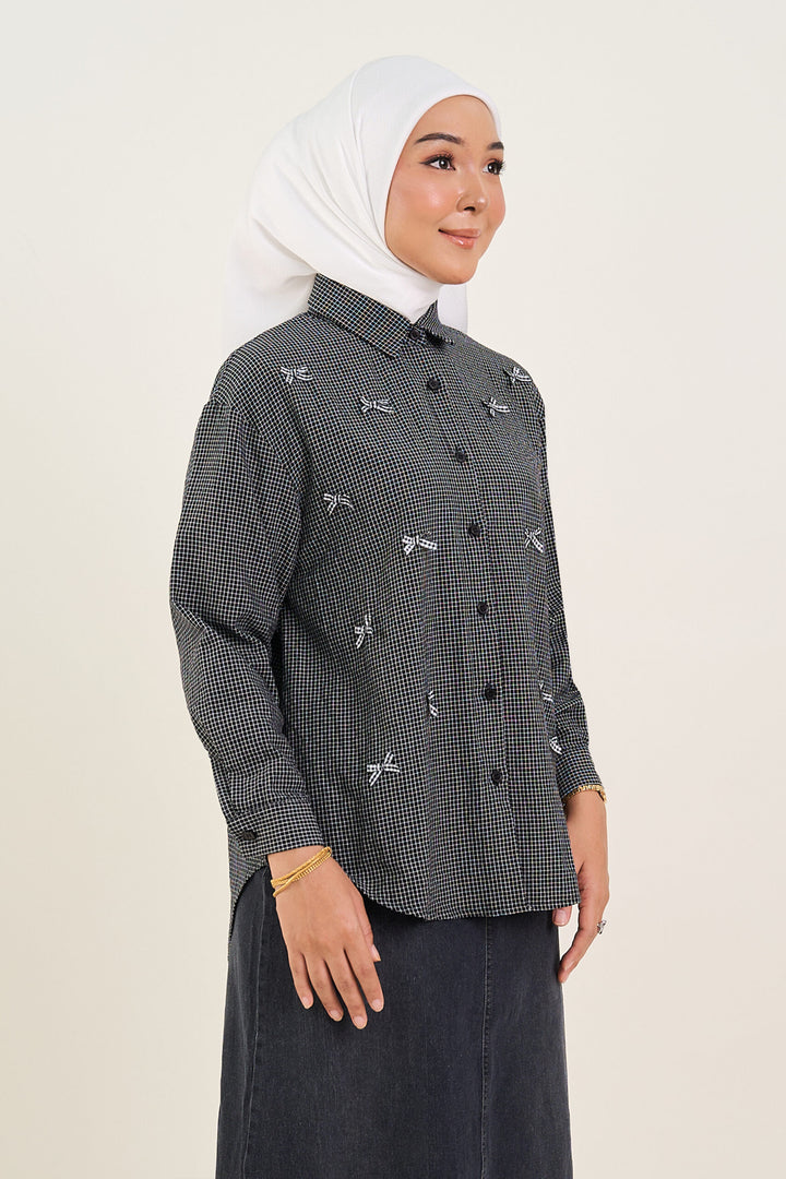 Natalie Checker Print Bow Embellished Shirt Black