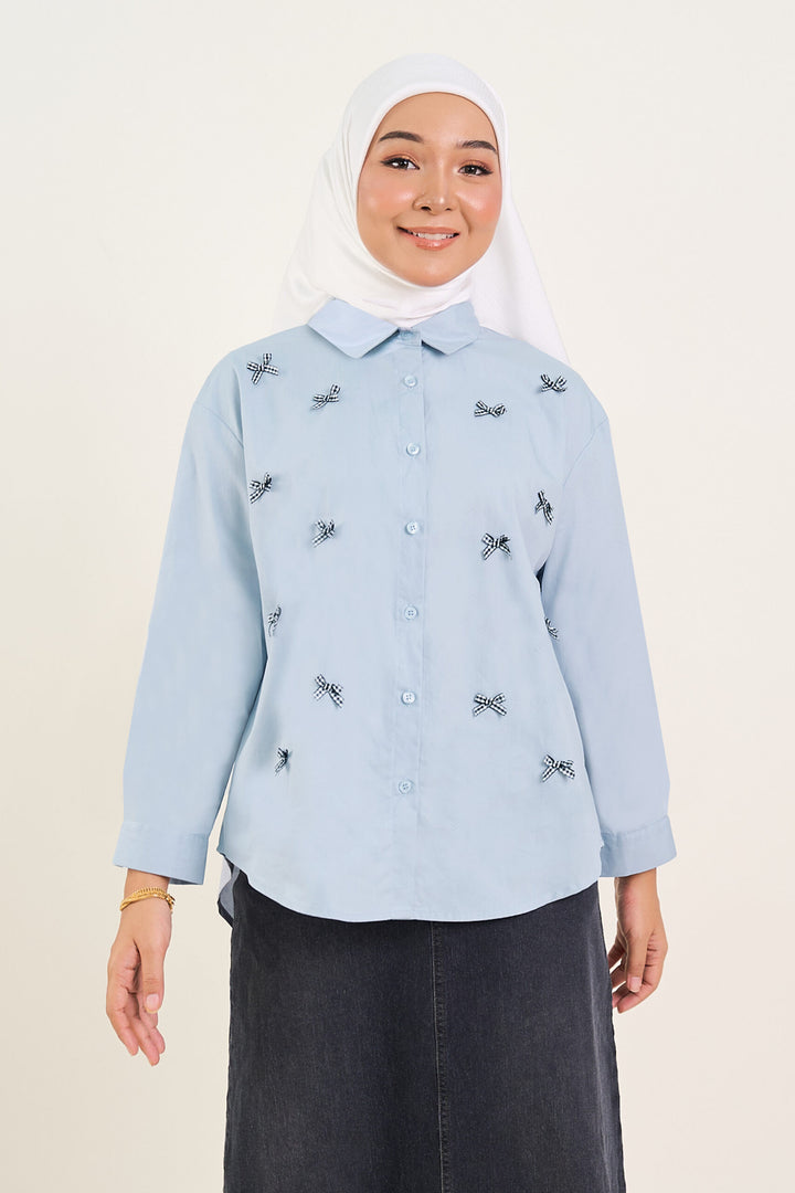 Lola Bow Embellished Cotton Shirt Light Blue