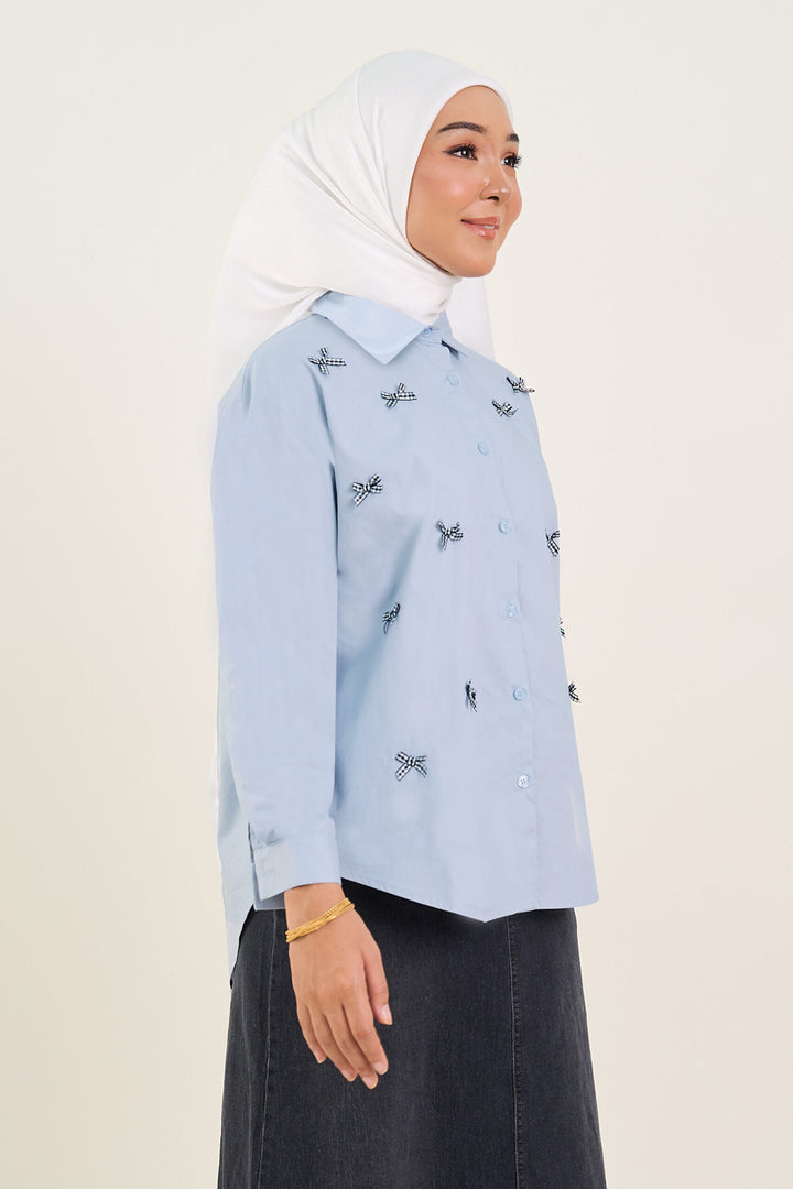 Lola Bow Embellished Cotton Shirt Light Blue