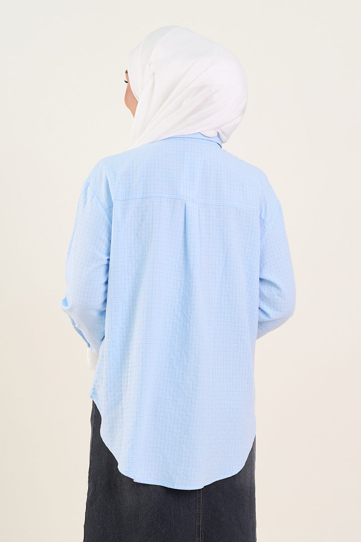 Natalie Checker Print Bow Embellished Shirt Powder Blue