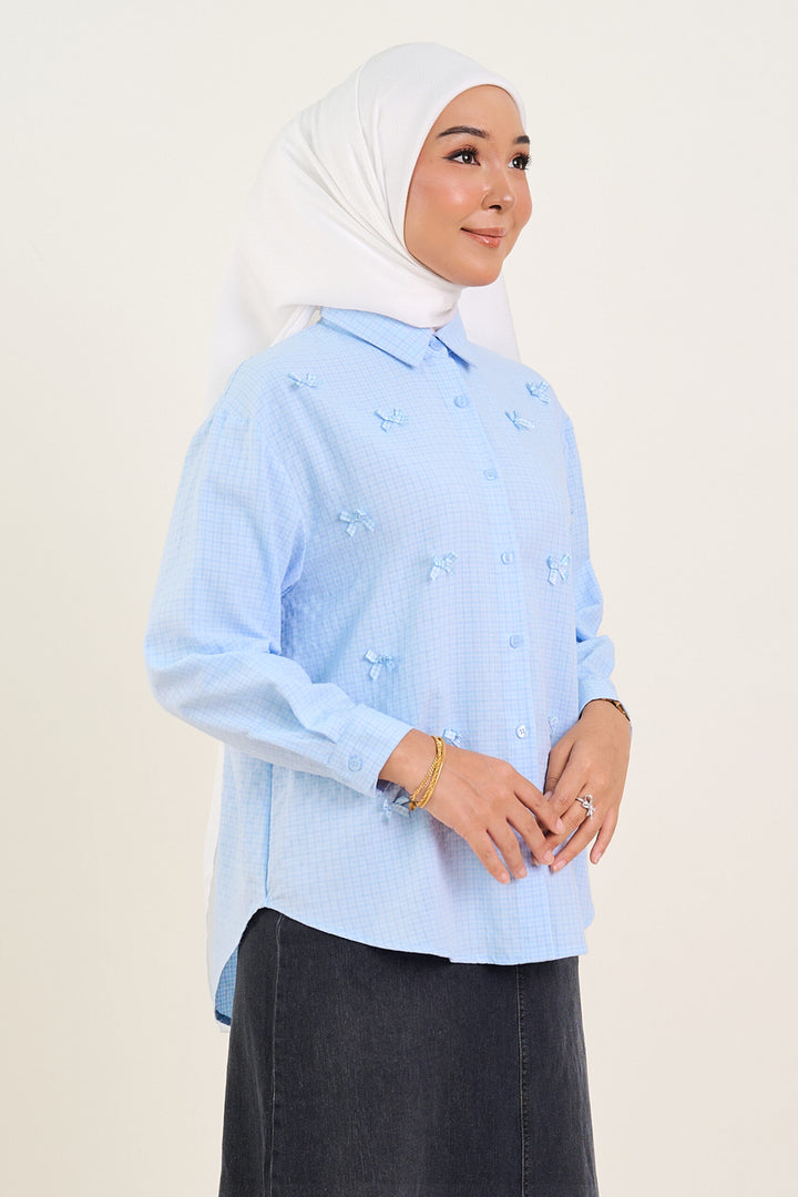 Natalie Checker Print Bow Embellished Shirt Powder Blue