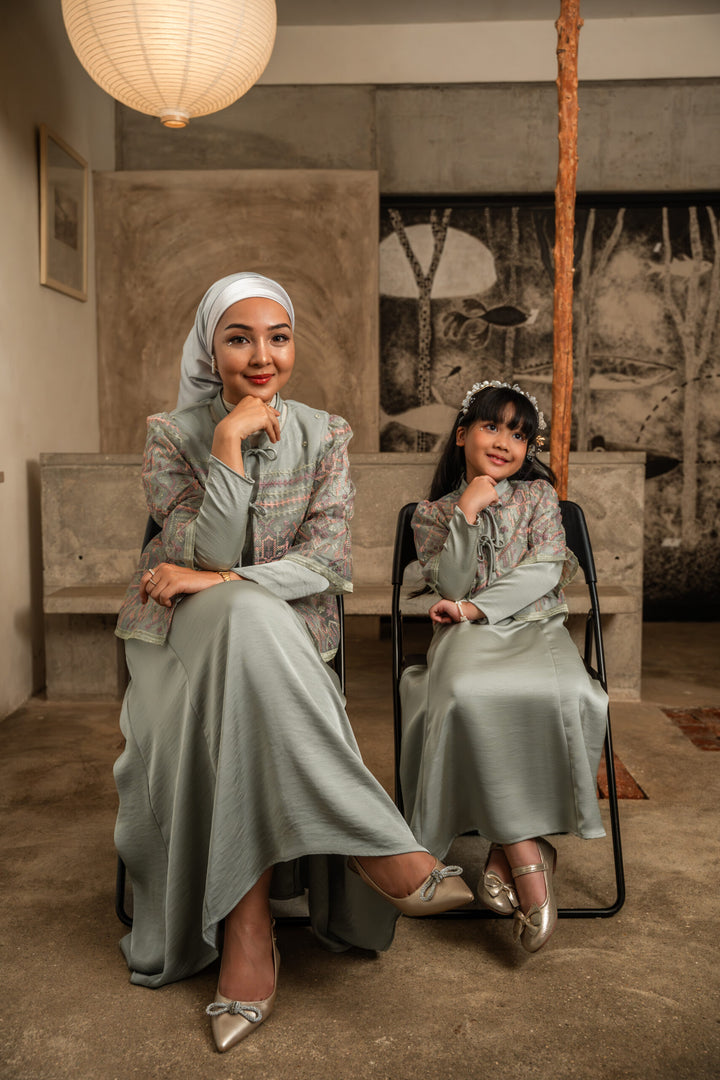 Lenora Dress with Embroidered Organza Cardigan in Sage Green