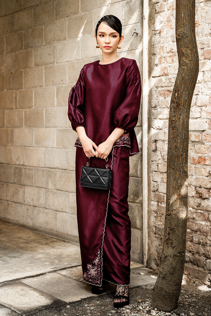 Evelyn Kurung with Embroidery in Burgundy