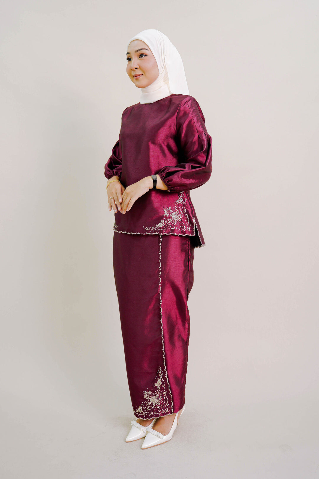 Evelyn Kurung with Embroidery in Burgundy