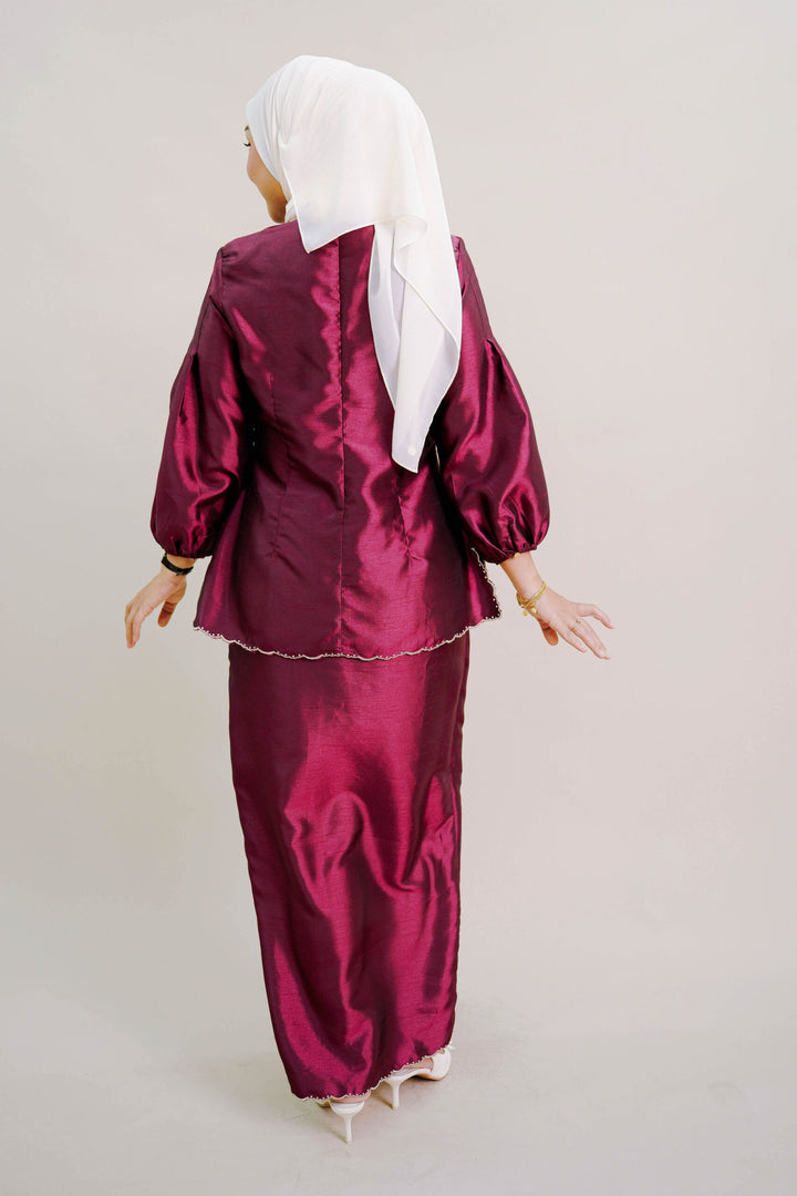 Evelyn Kurung with Embroidery in Burgundy