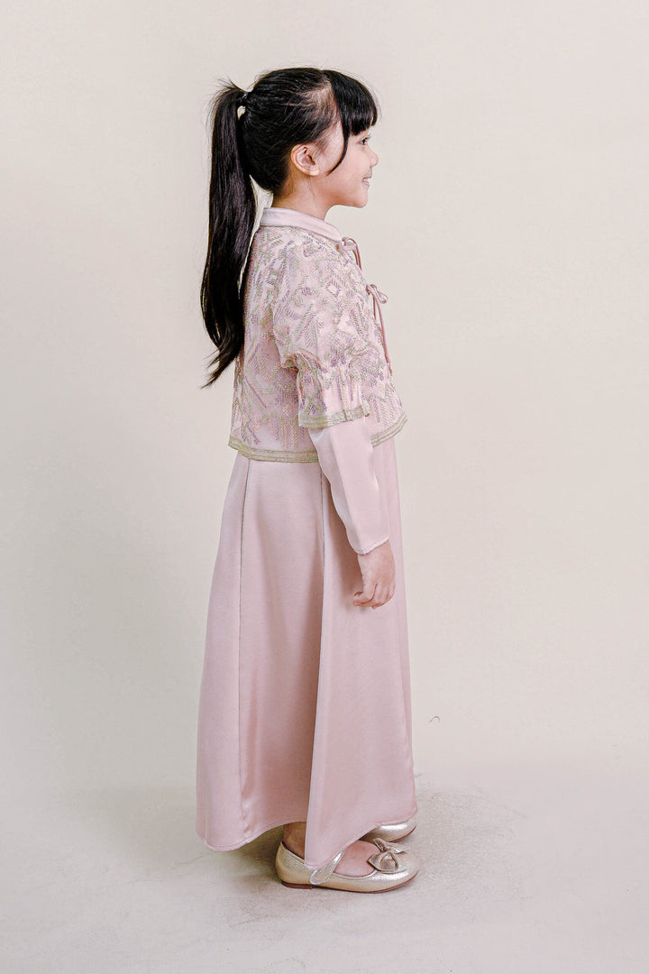 Lenora Kids Dress with Embroidered Organza Cardigan in Pink