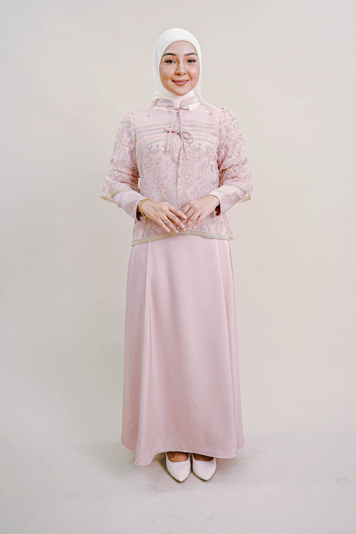 Lenora Dress with Embroidered Organza Cardigan in Pink
