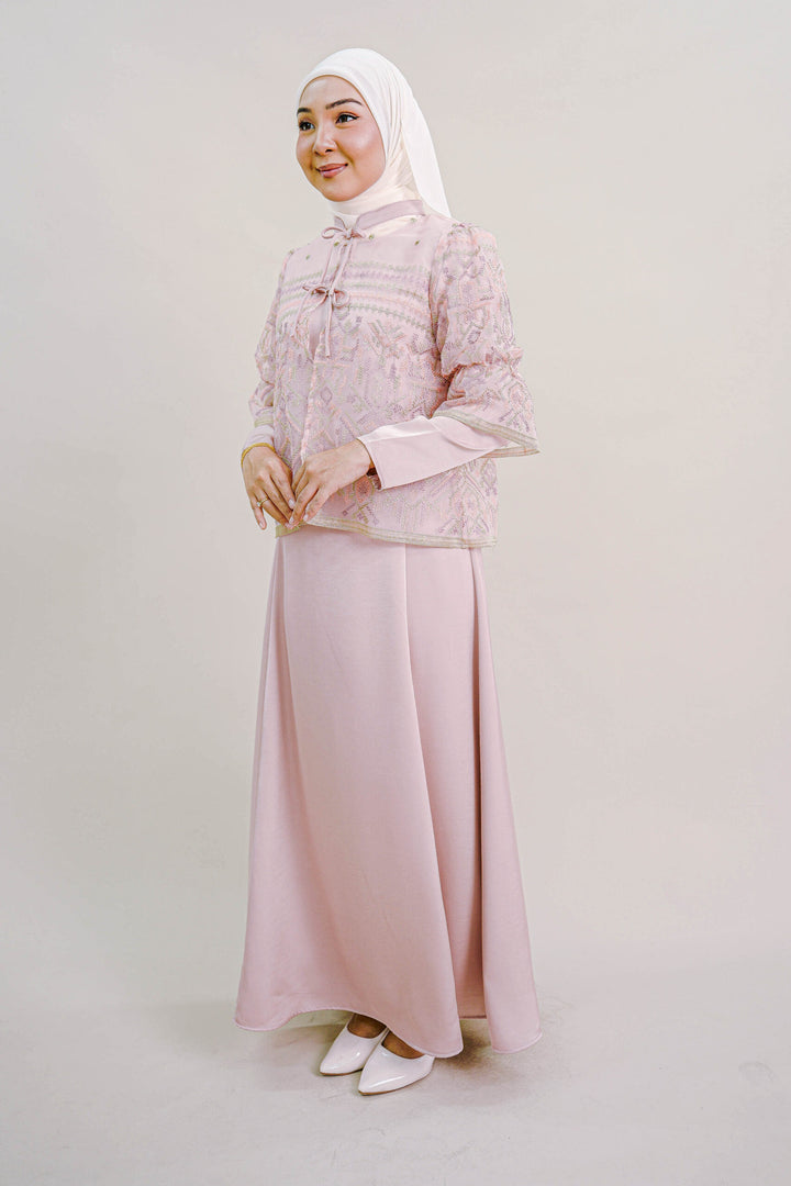 Lenora Dress with Embroidered Organza Cardigan in Pink