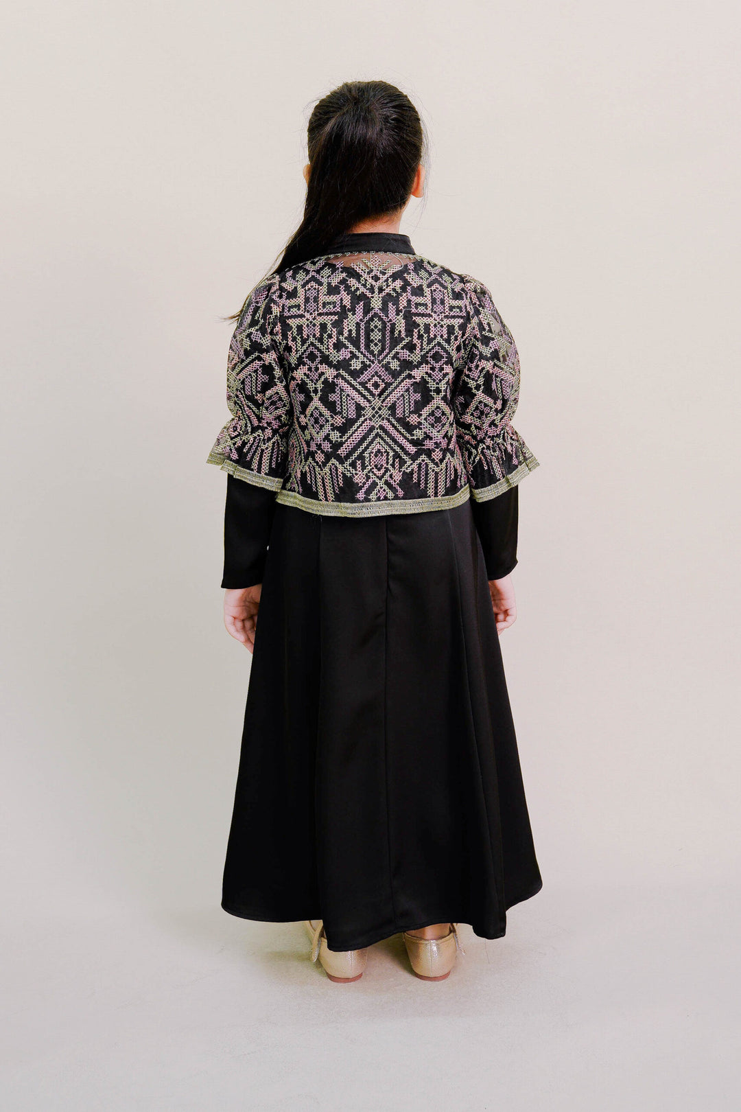 Lenora Kids Dress with Embroidered Organza Cardigan in Black
