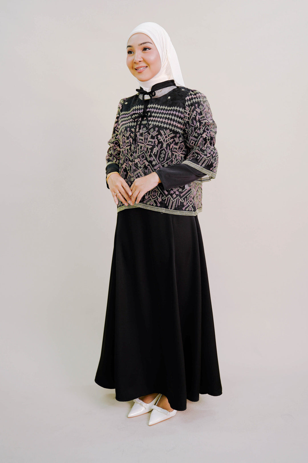 Lenora Dress with Embroidered Organza Cardigan in Black