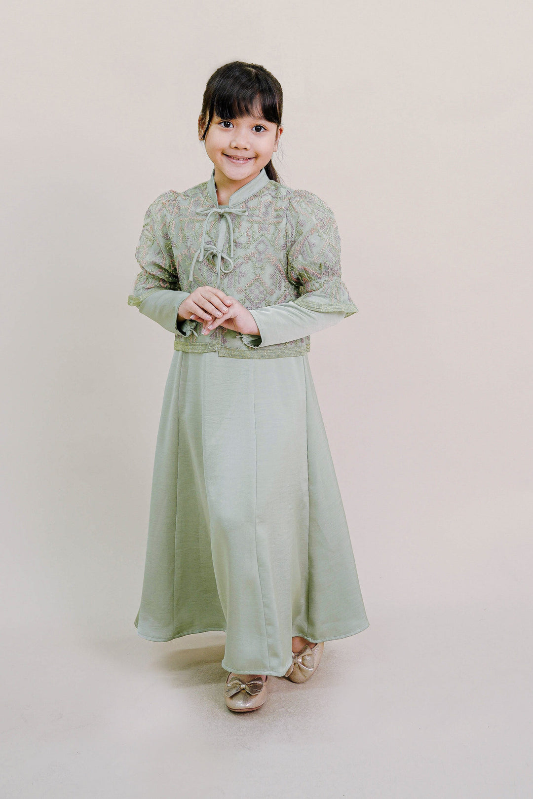Lenora Kids Dress with Embroidered Organza Cardigan in Sage Green