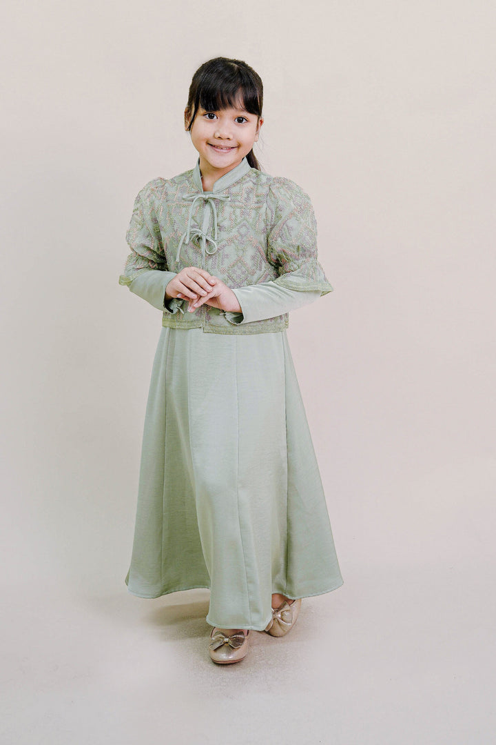 Lenora Kids Dress with Embroidered Organza Cardigan in Sage Green