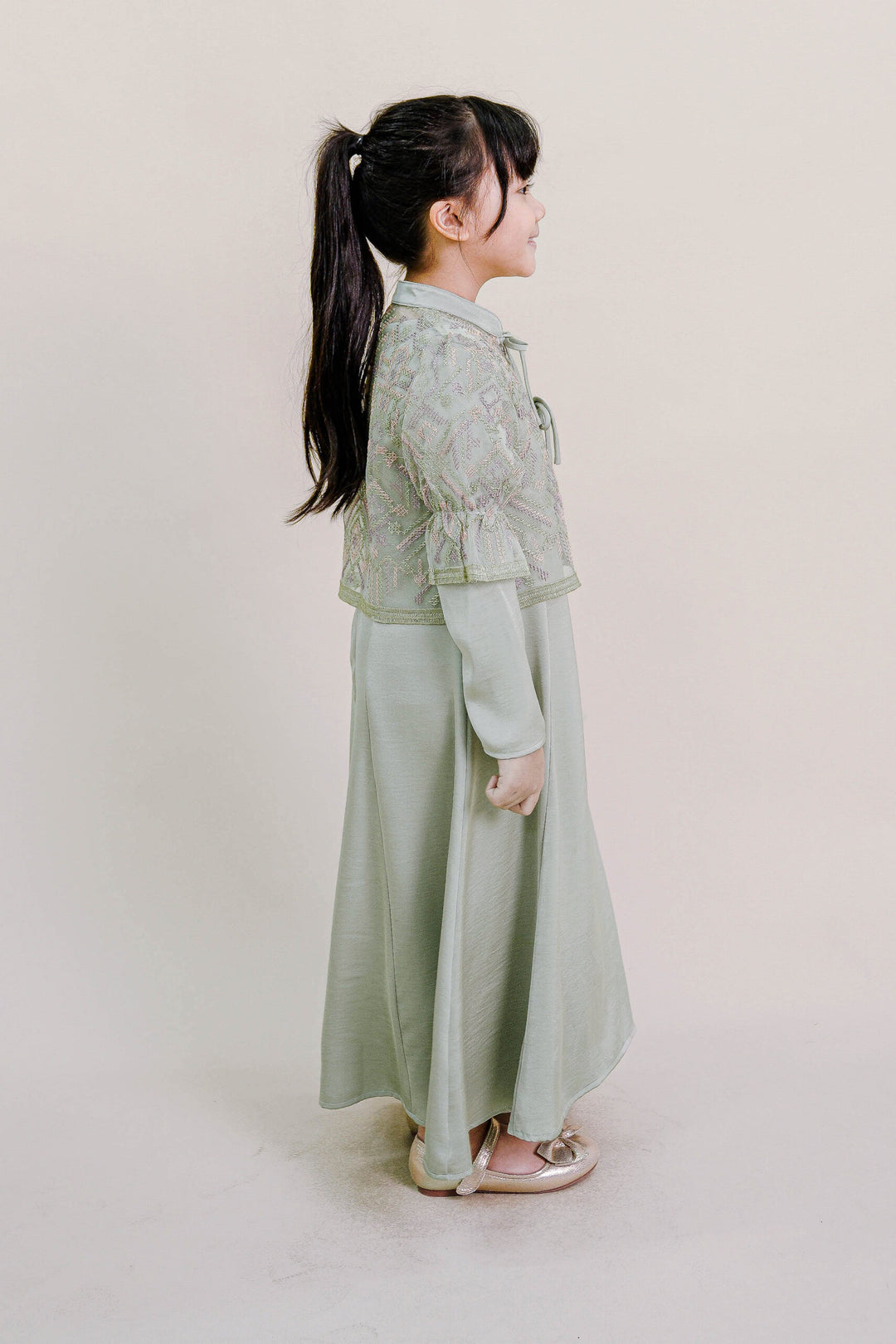 Lenora Kids Dress with Embroidered Organza Cardigan in Sage Green