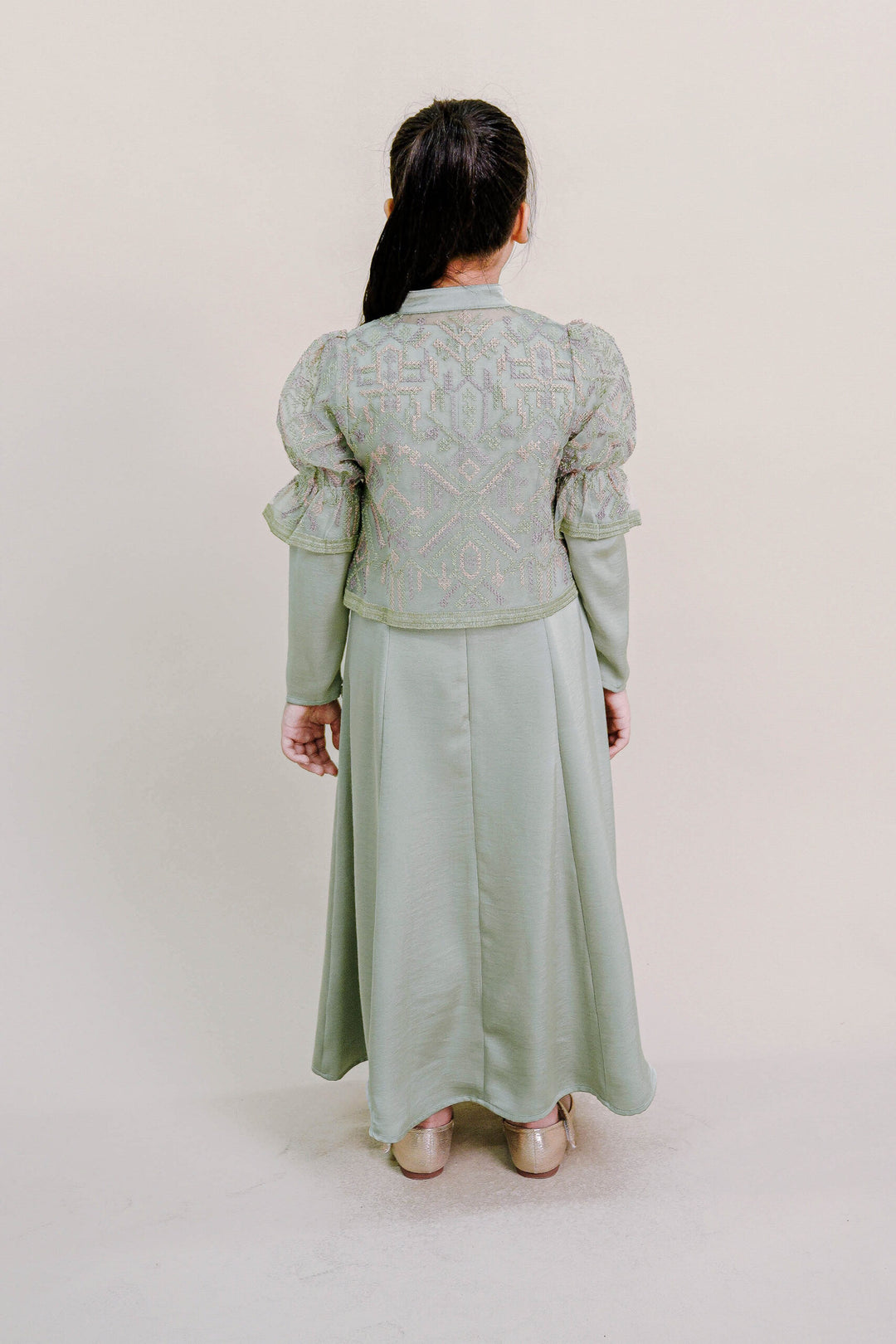 Lenora Kids Dress with Embroidered Organza Cardigan in Sage Green