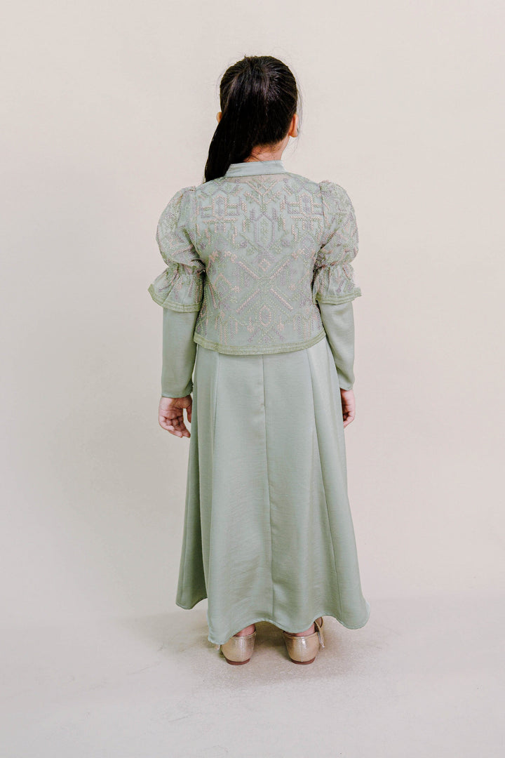Lenora Kids Dress with Embroidered Organza Cardigan in Sage Green