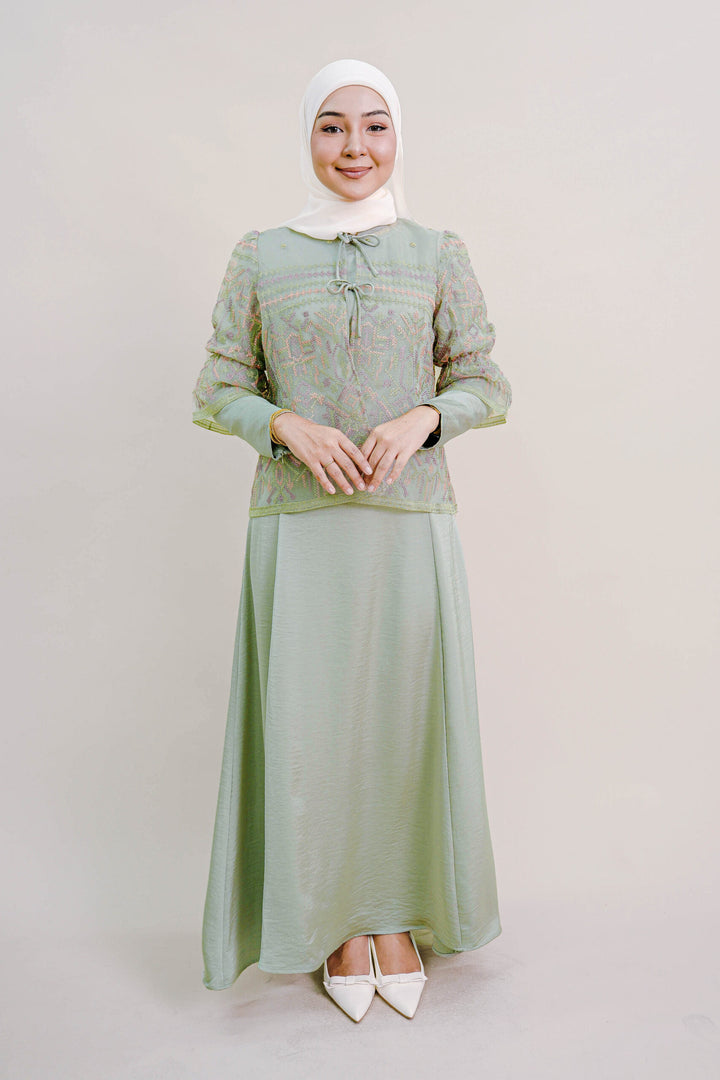 Lenora Dress with Embroidered Organza Cardigan in Sage Green