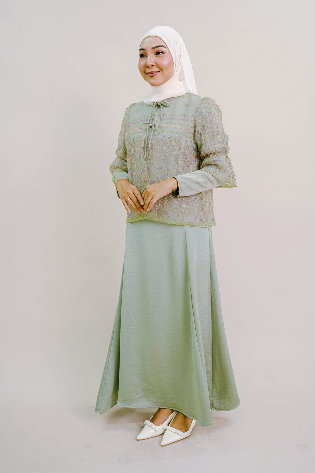 Lenora Dress with Embroidered Organza Cardigan in Sage Green