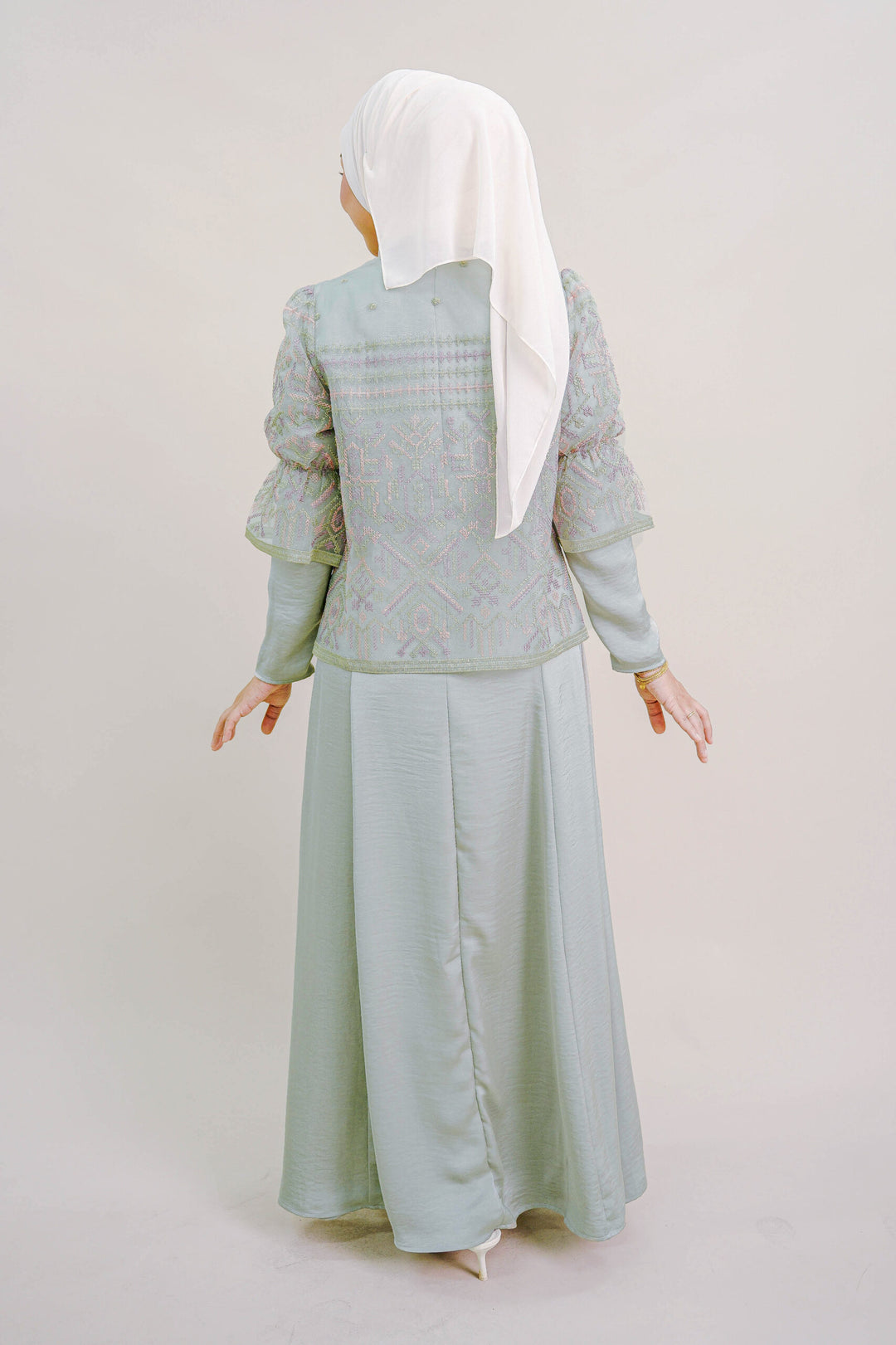 Lenora Dress with Embroidered Organza Cardigan in Sage Green
