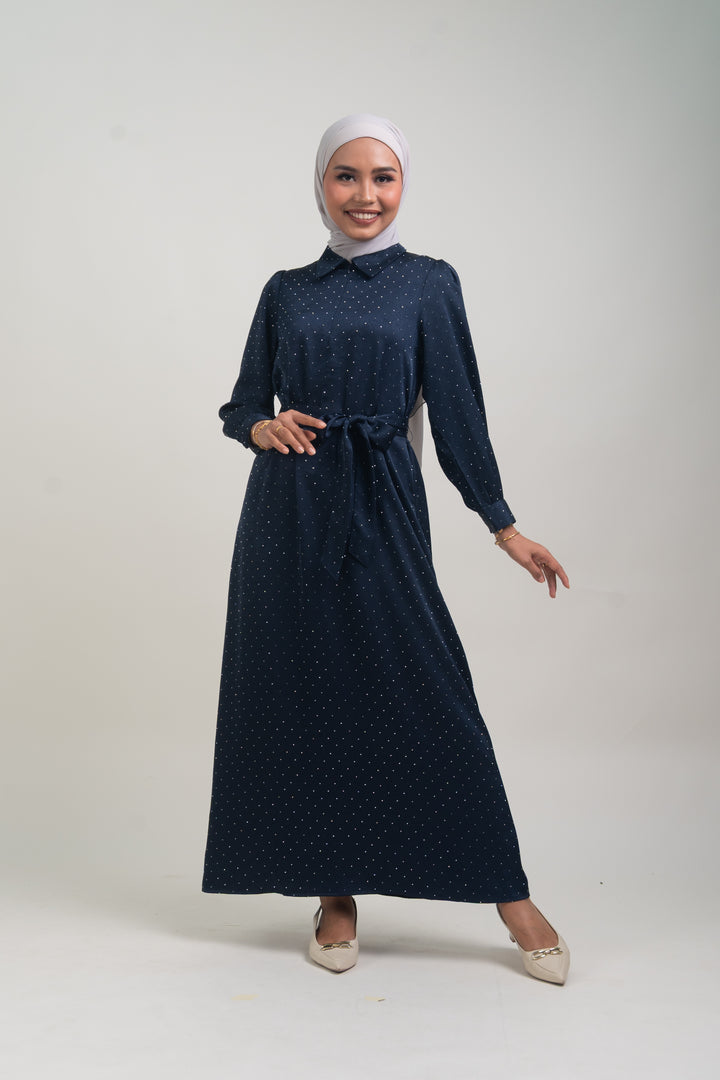 Silvie Crystal Crush Satin Dress Navy