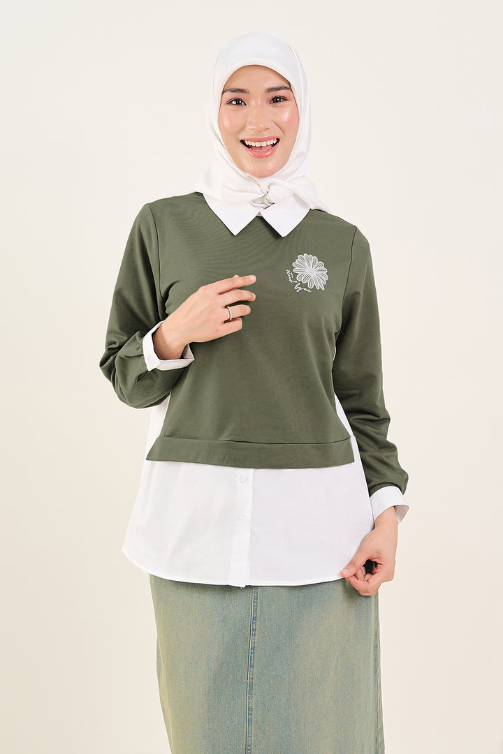 Celline Sweater Layered Shirt Army Green