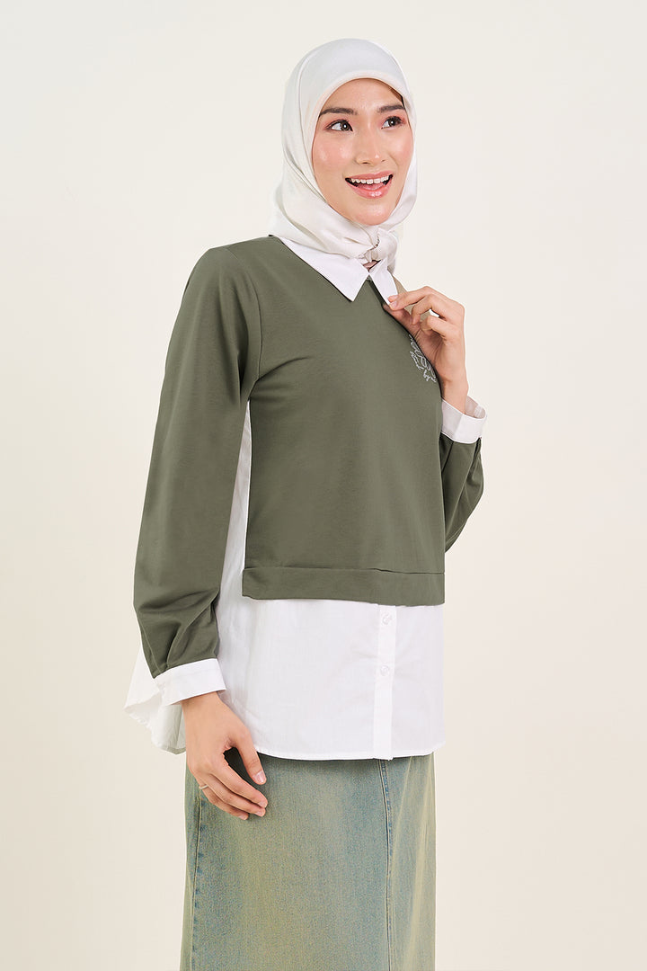 Celline Sweater Layered Shirt Army Green