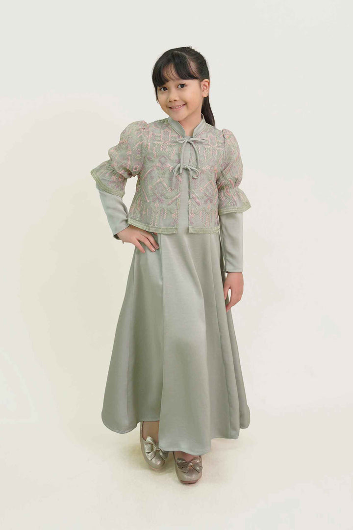 Lenora Kids Dress with Embroidered Organza Cardigan in Sage Green
