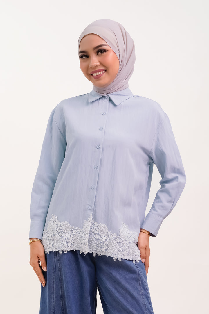 Giana Lace Cotton Blouse Soft Blue