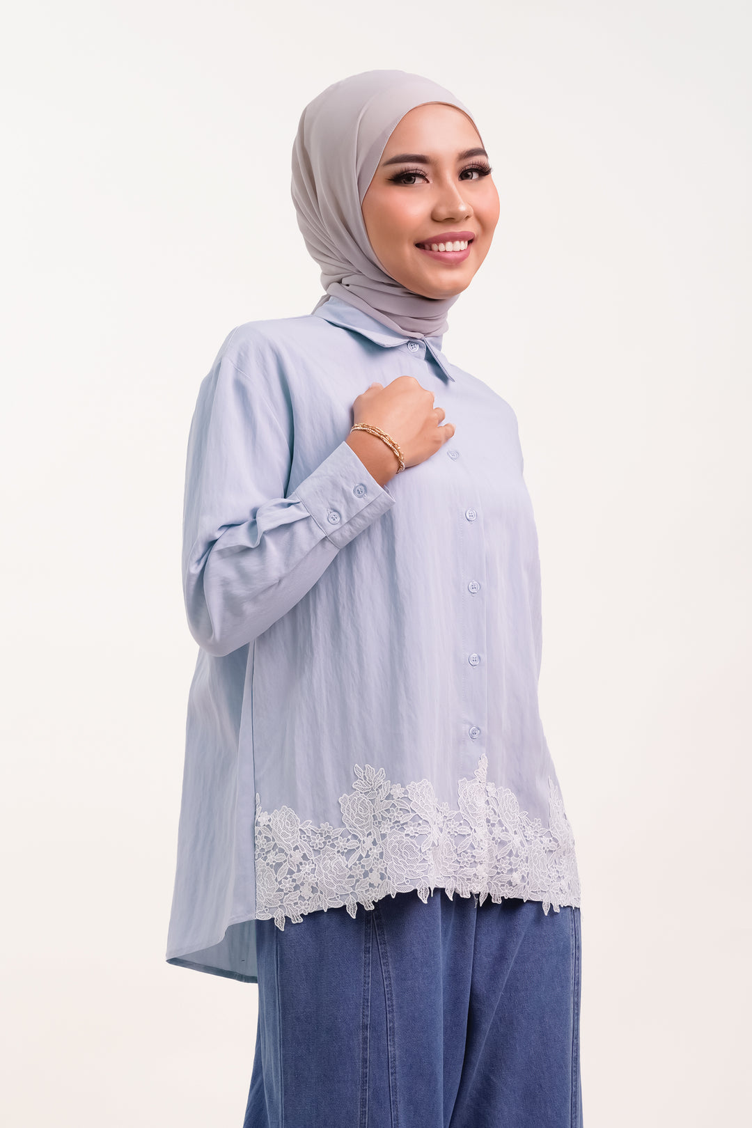 Giana Lace Cotton Blouse Soft Blue