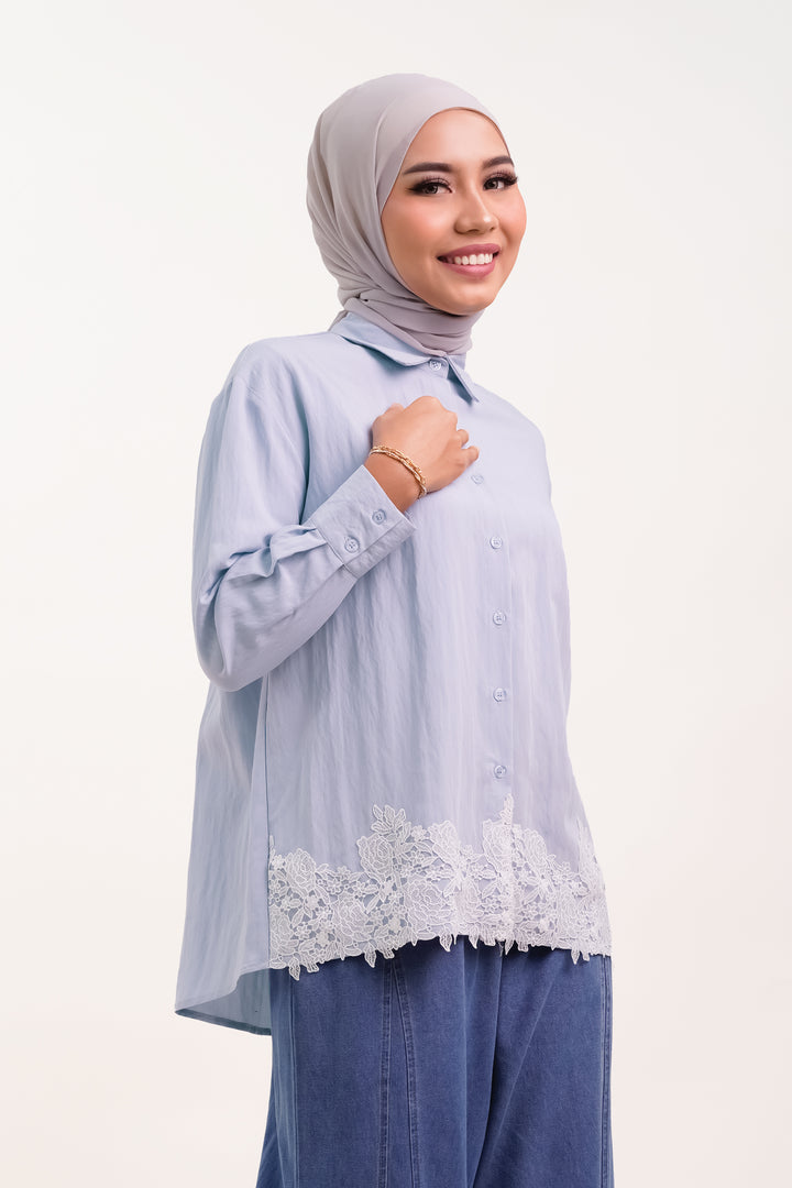 Giana Lace Cotton Blouse Soft Blue