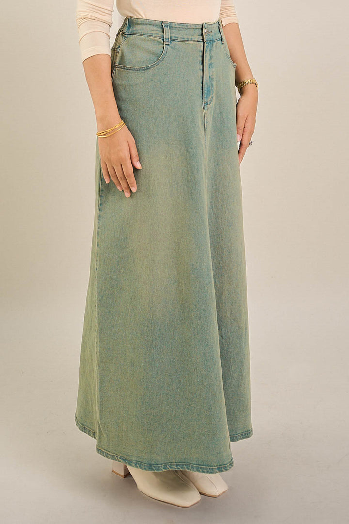 Leona Long Denim Skirt Washed Green
