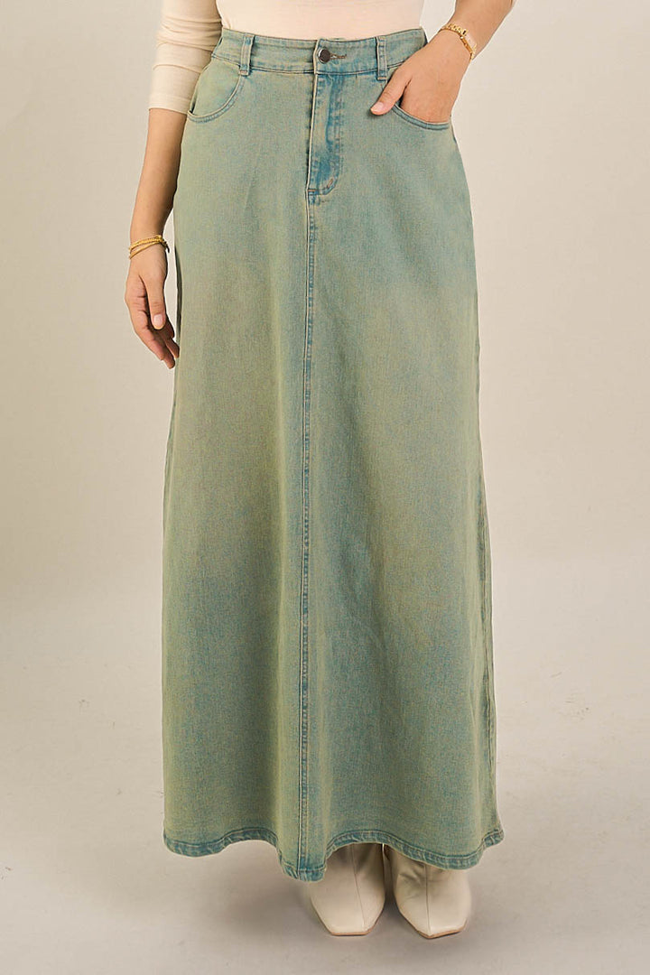 Leona Long Denim Skirt Washed Green