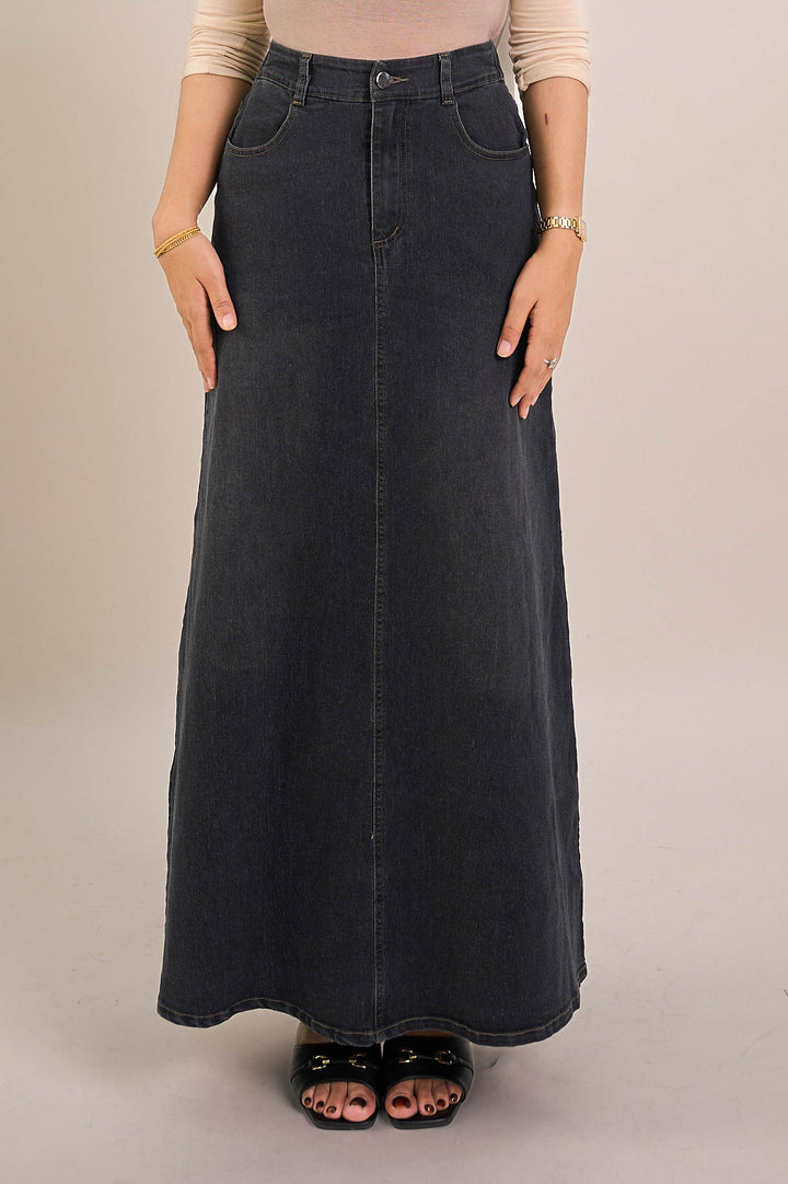Leona Long Denim Skirt Black