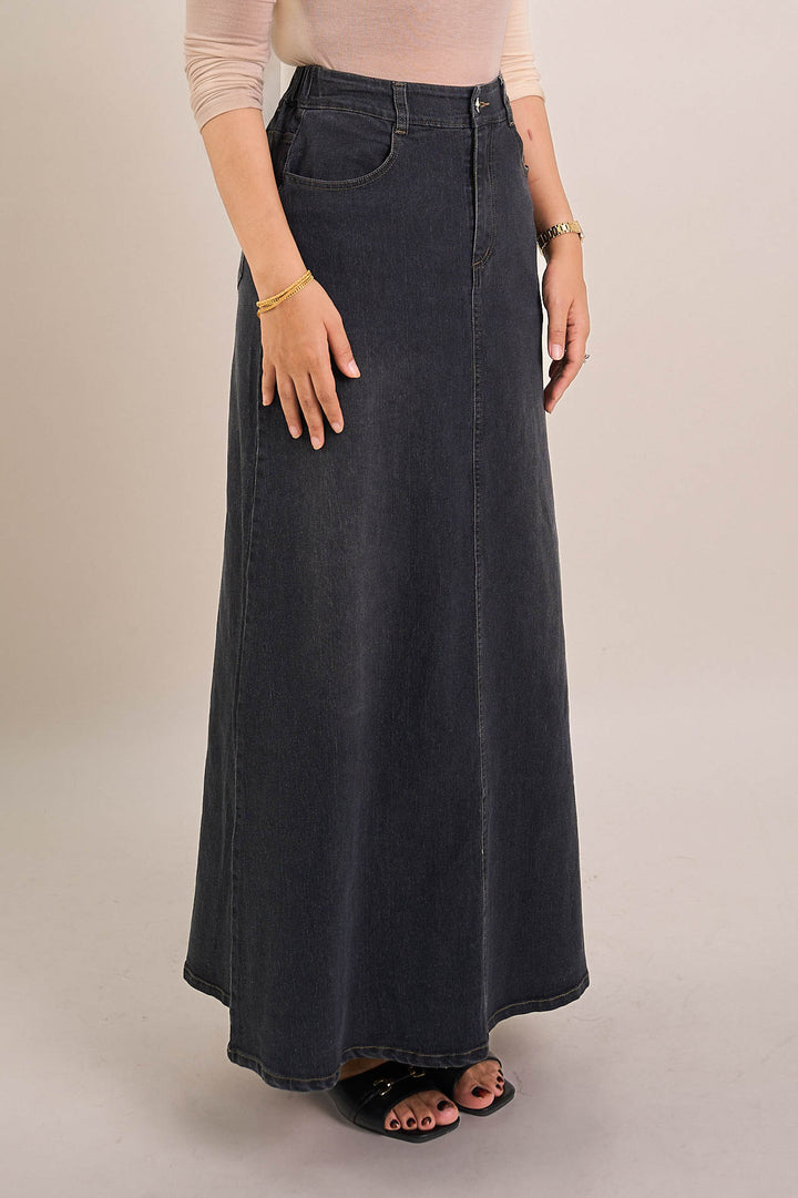 Leona Long Denim Skirt Black