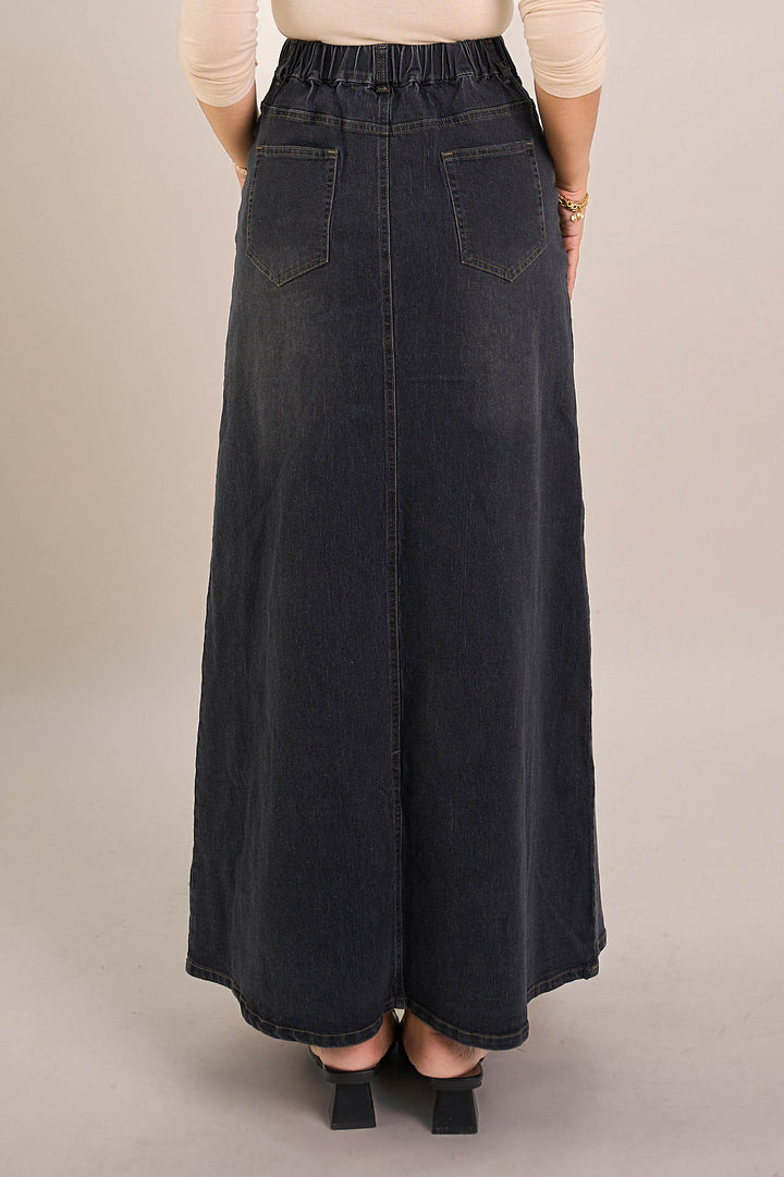 Leona Long Denim Skirt Black