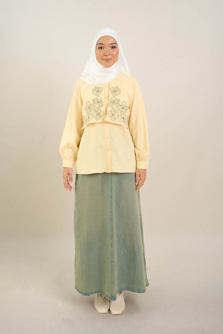 Leona Long Denim Skirt Washed Green